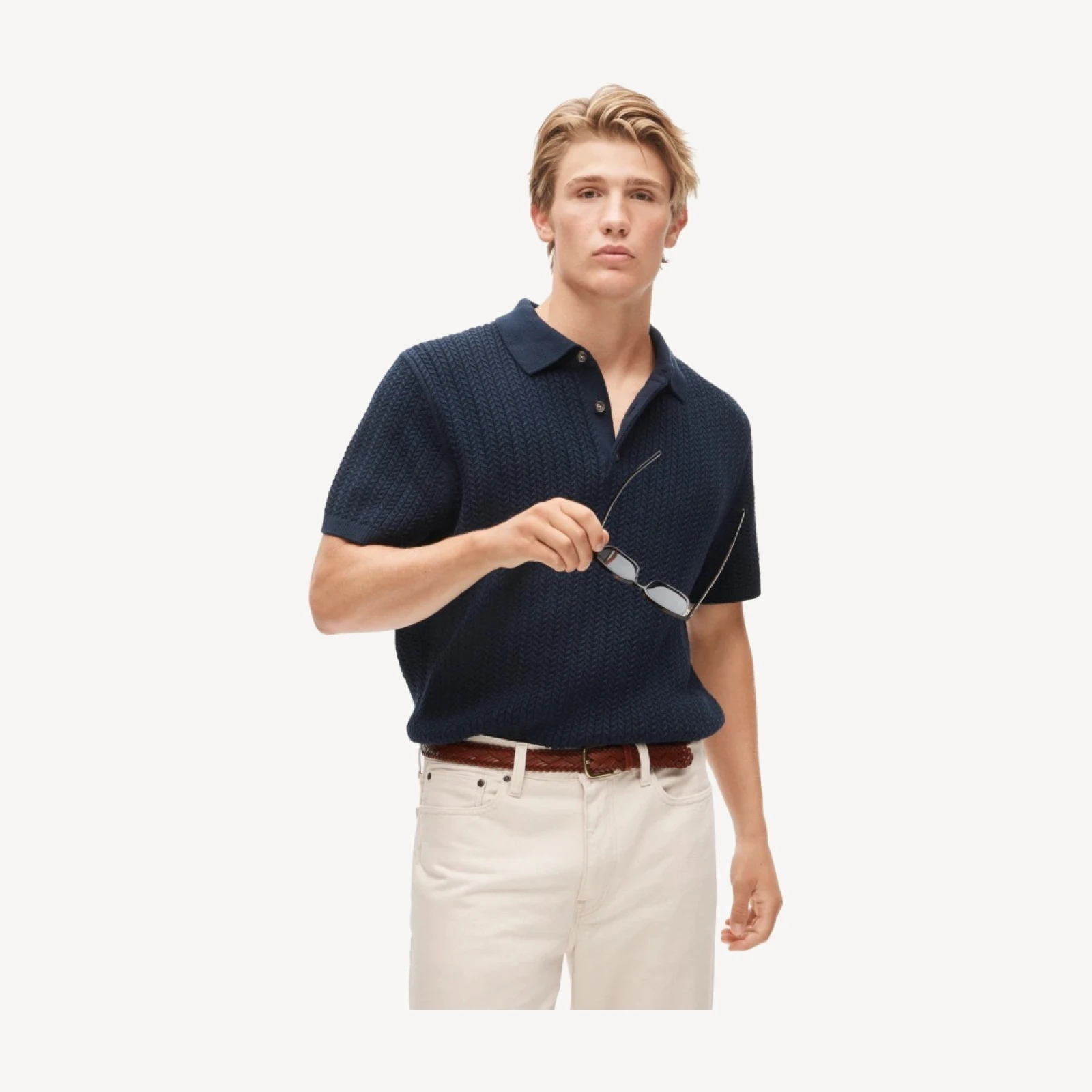Short-sleeve cable-knit cotton sweater-polo