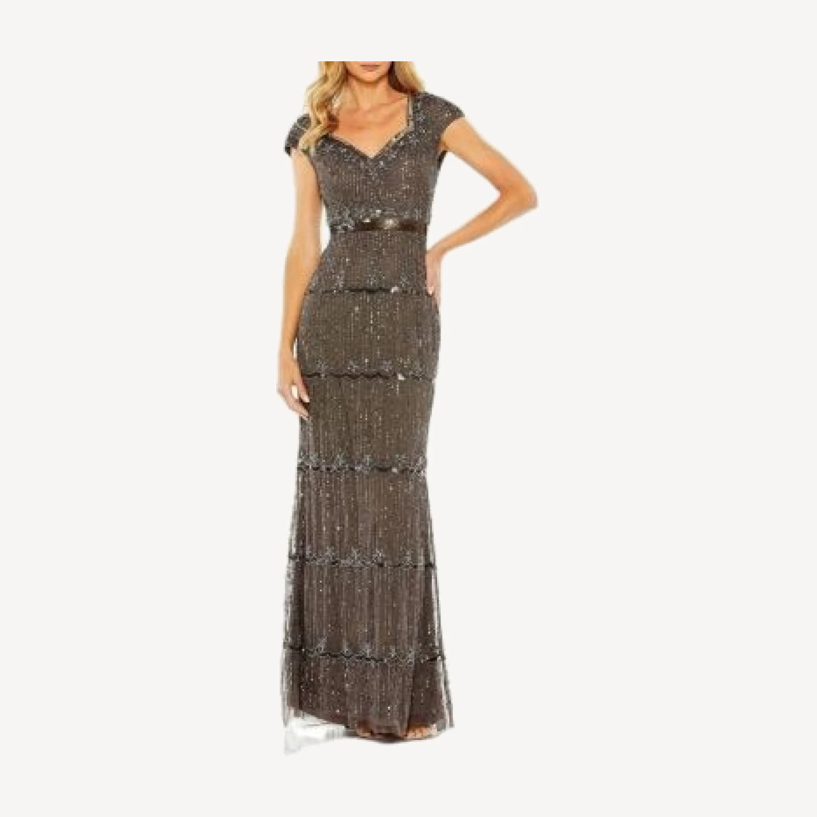 Mac Duggal Cap Sleeve Sweetheart Neckline Beaded Sequin Column Gown