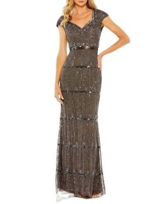 Mac Duggal Cap Sleeve Sweetheart Neckline Beaded Sequin Column Gown