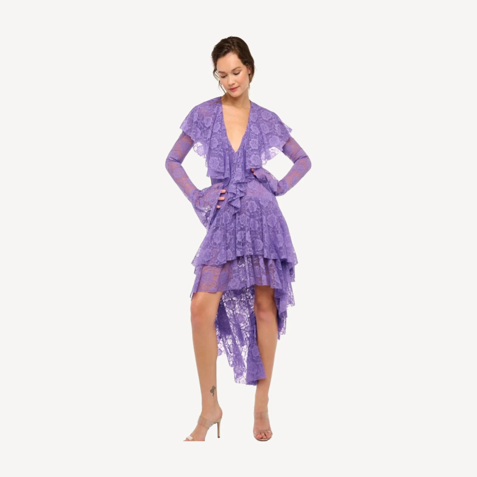 HI LOW LONG SLEEVE DEEP V RUFFLE GOWN