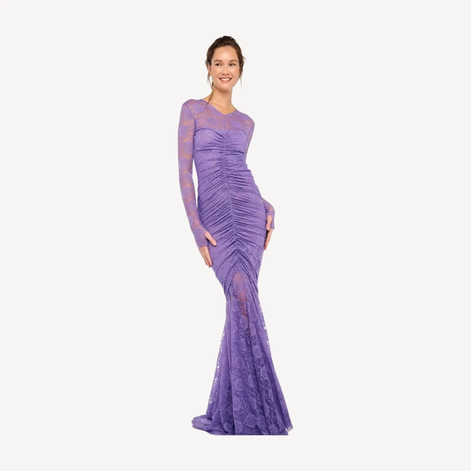 V NECK SHIRRED FRONT FISHTAIL GOWN
