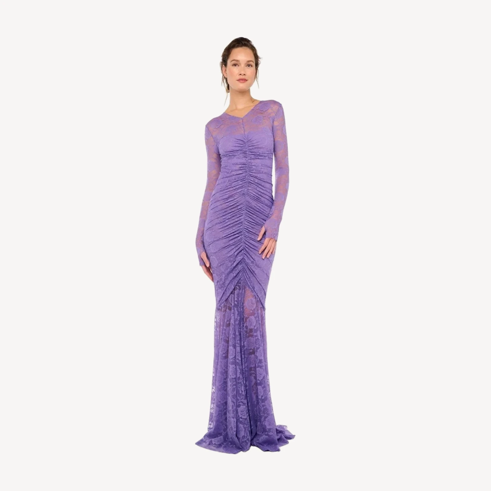 V NECK SHIRRED FRONT FISHTAIL GOWN