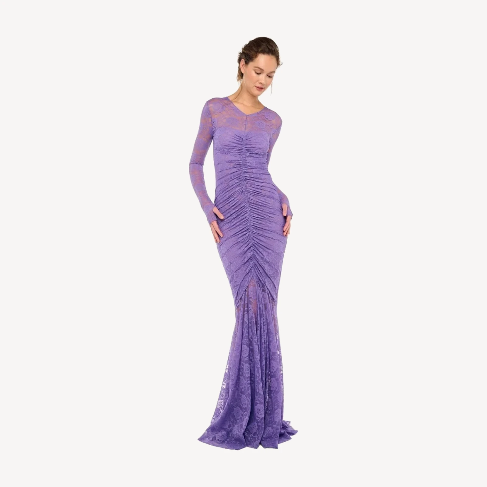 V NECK SHIRRED FRONT FISHTAIL GOWN