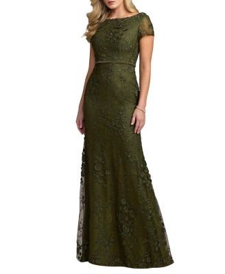 Mac Duggal Floral Applique Boar Neck Short Sleeve Gown