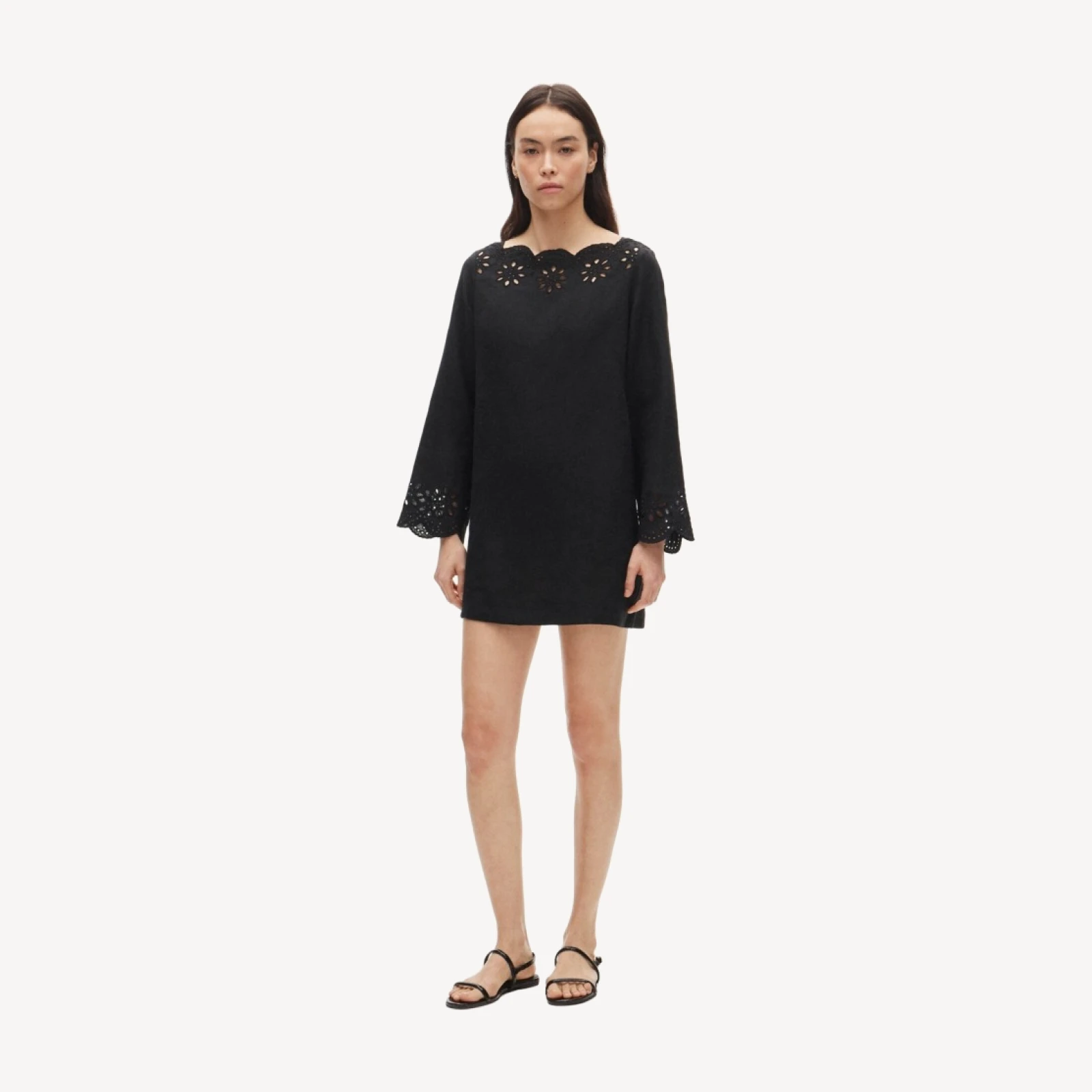 Scallop-trim eyelet popover dress
