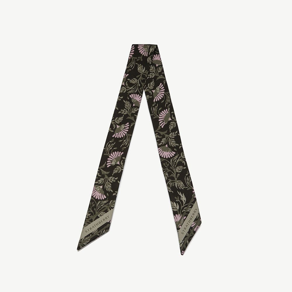 Silk Skinny Scarf - Dark Green Thistle Print