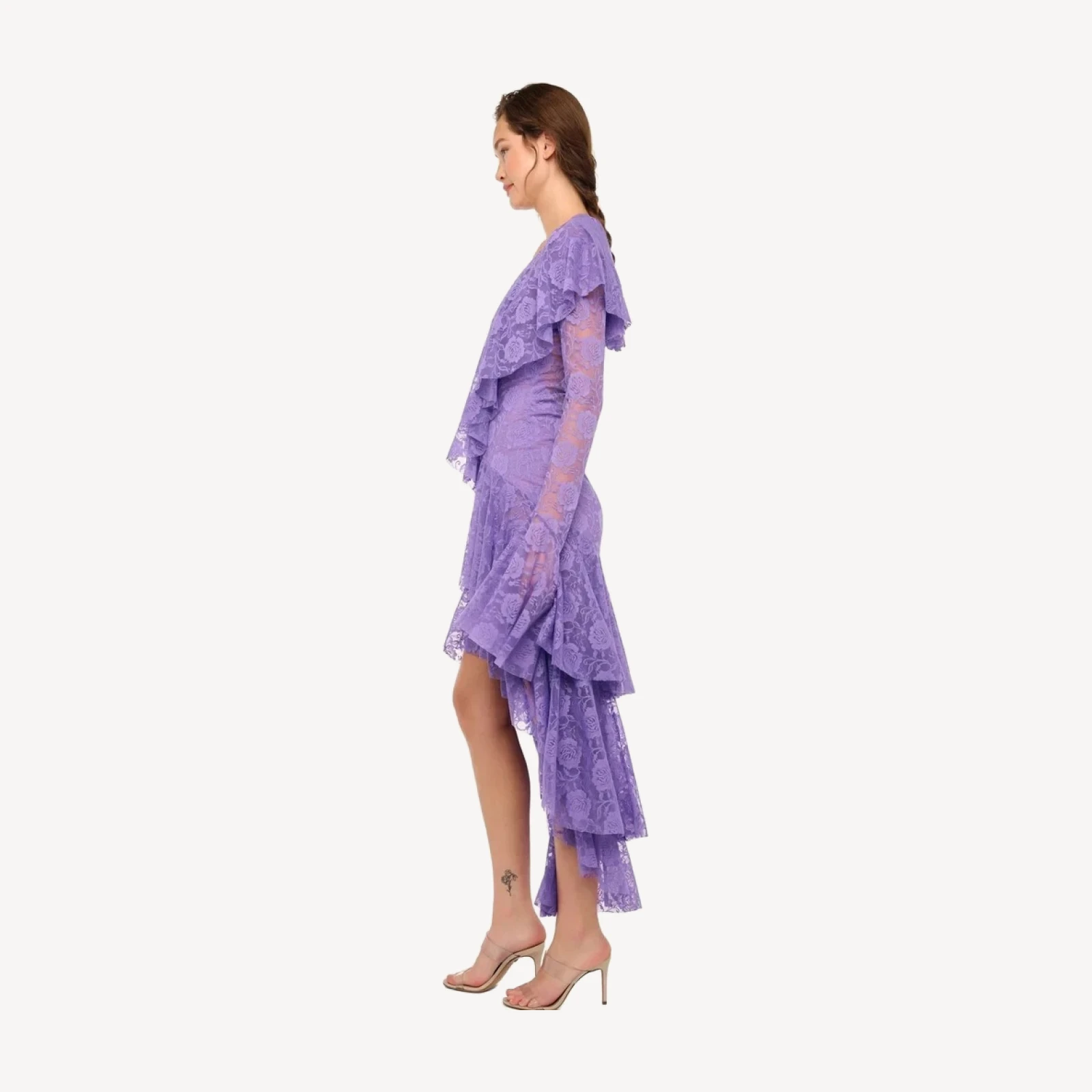 HI LOW LONG SLEEVE DEEP V RUFFLE GOWN