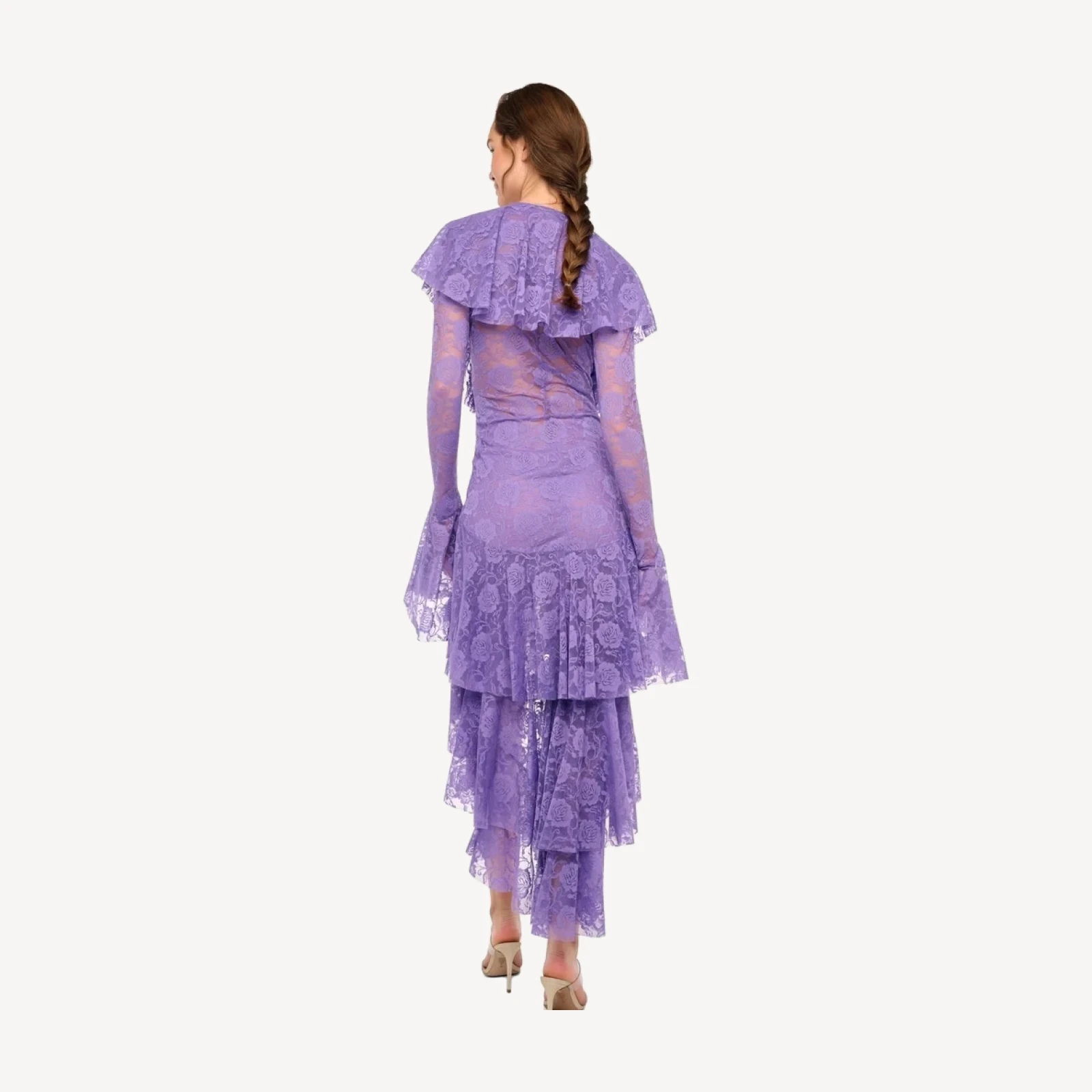 HI LOW LONG SLEEVE DEEP V RUFFLE GOWN