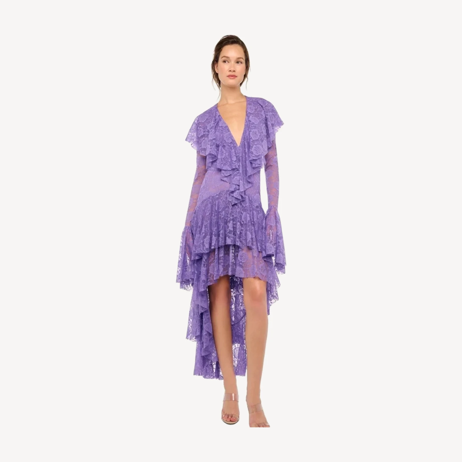 HI LOW LONG SLEEVE DEEP V RUFFLE GOWN