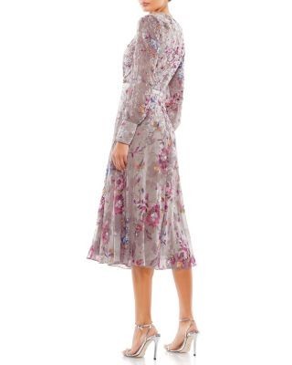 Mac Duggal Embellished Floral Long Sleeve Midi Dress