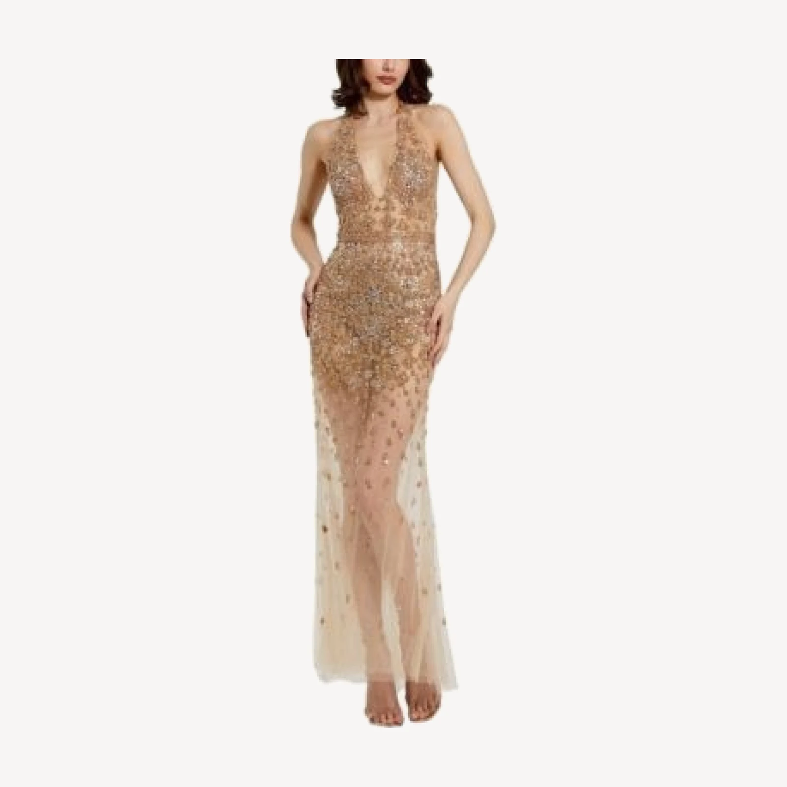 Mac Duggal Halter Top Sequins And Beaded Embellished Sheer Gown