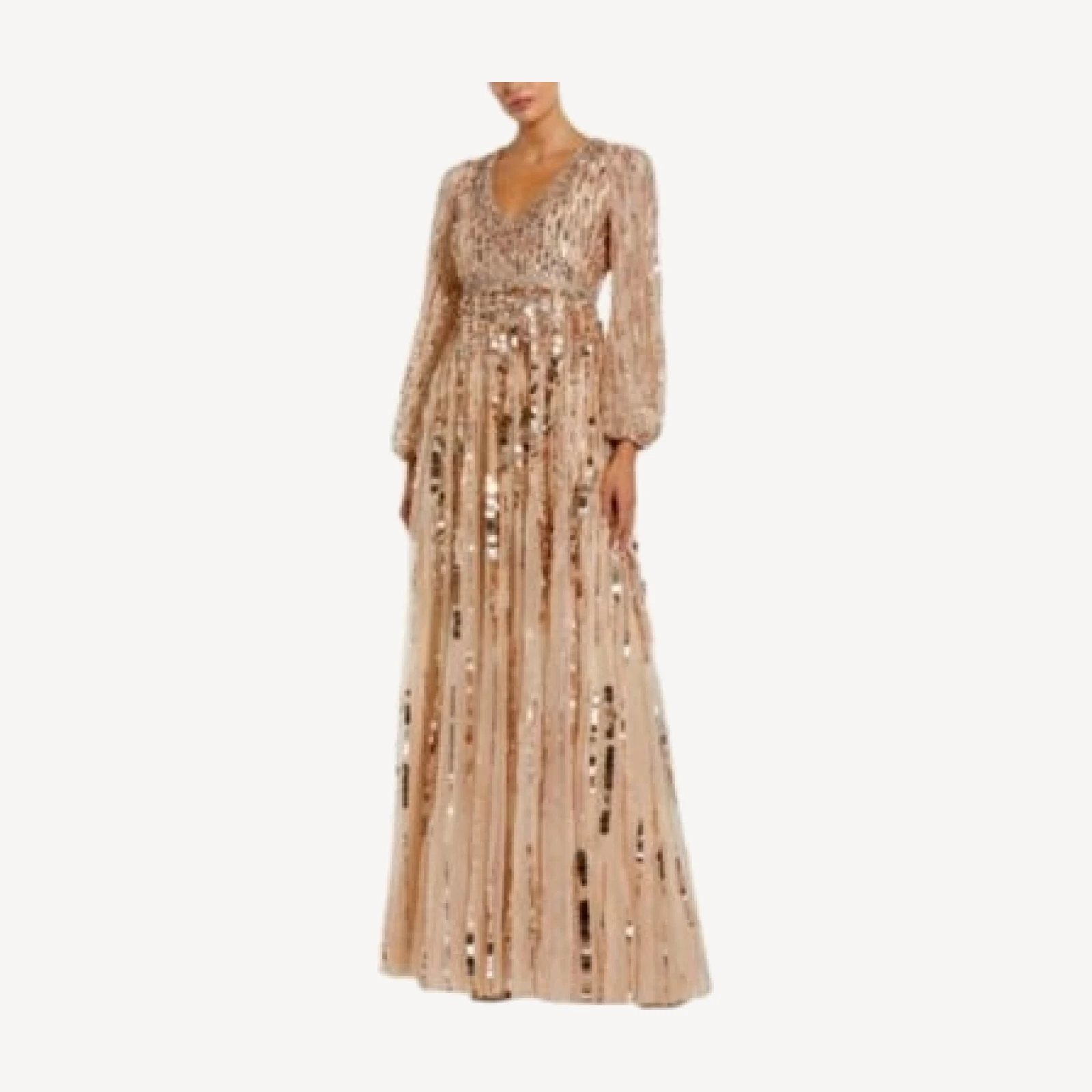 Mac Duggal Embellished Mesh Long Sleeve V Neck Gown