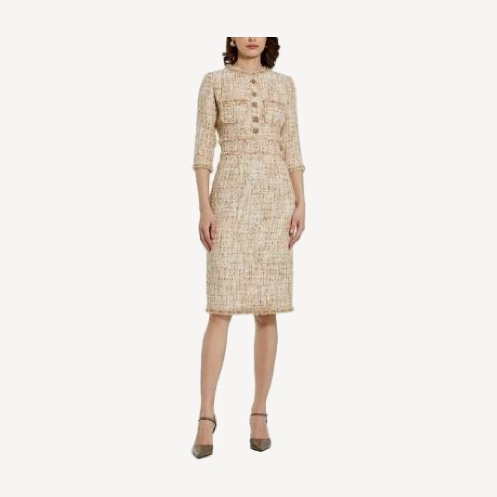 Mac Duggal 3/4 Sleeve Beaded Trim Patch Pocket Midi Dress