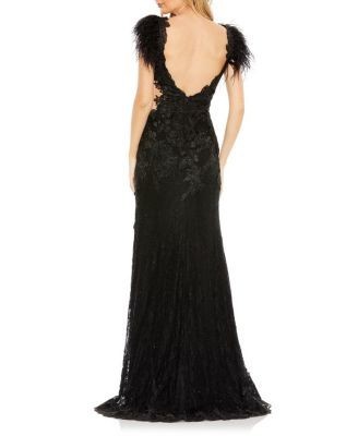 Mac Duggal Feather Cap Sleeve Lace Gown