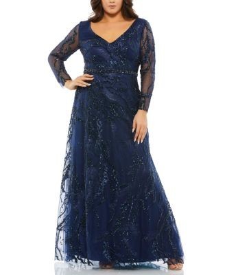 Mac Duggal Plus Size Embellished Illusion Long Sleeve V-Neck A-Line Gown
