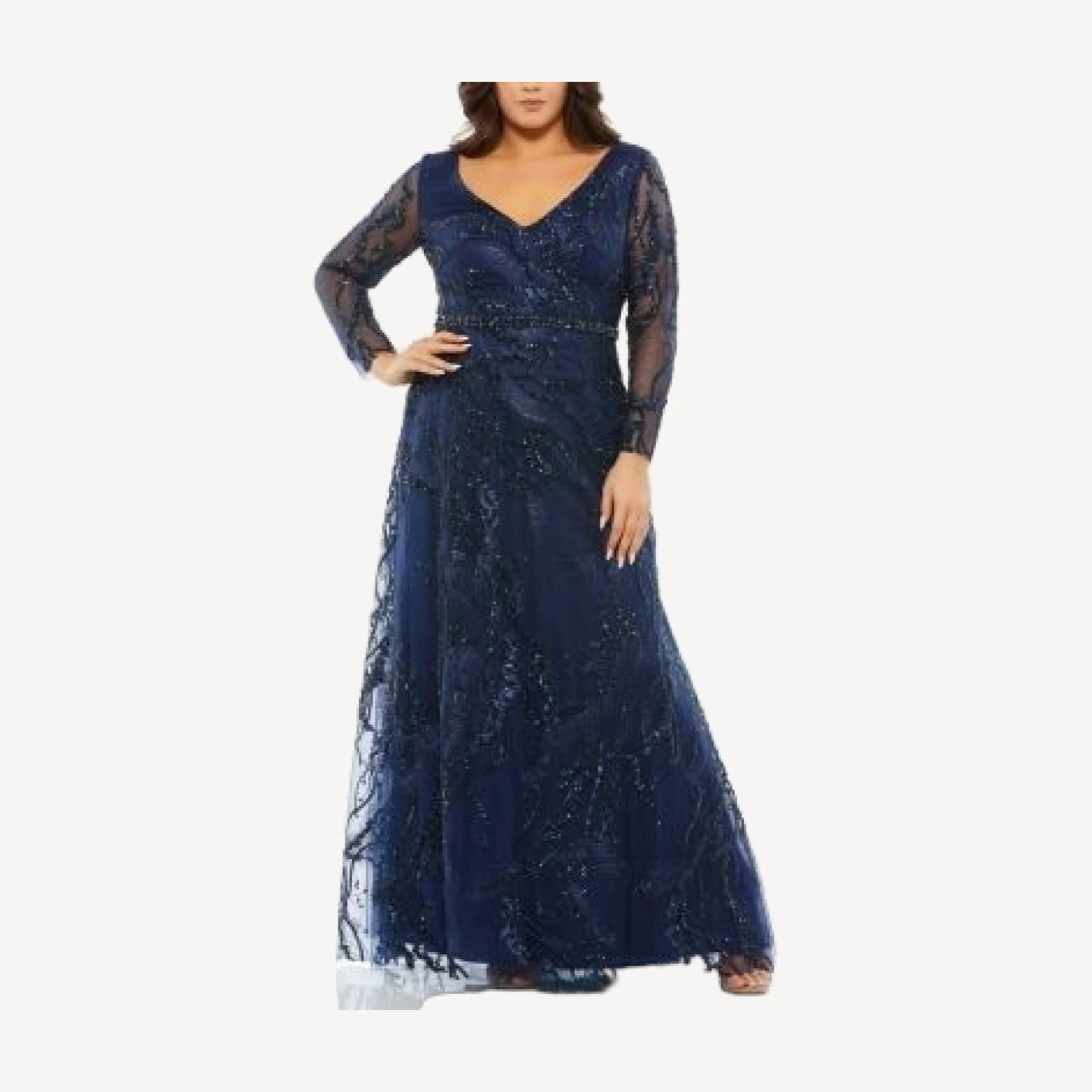 Mac Duggal Plus Size Embellished Illusion Long Sleeve V-Neck A-Line Gown