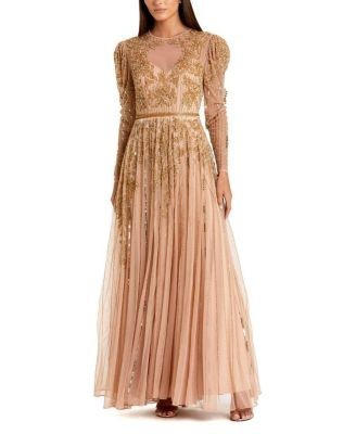 Mac Duggal Beaded Illusion Puff Sleeve Gown