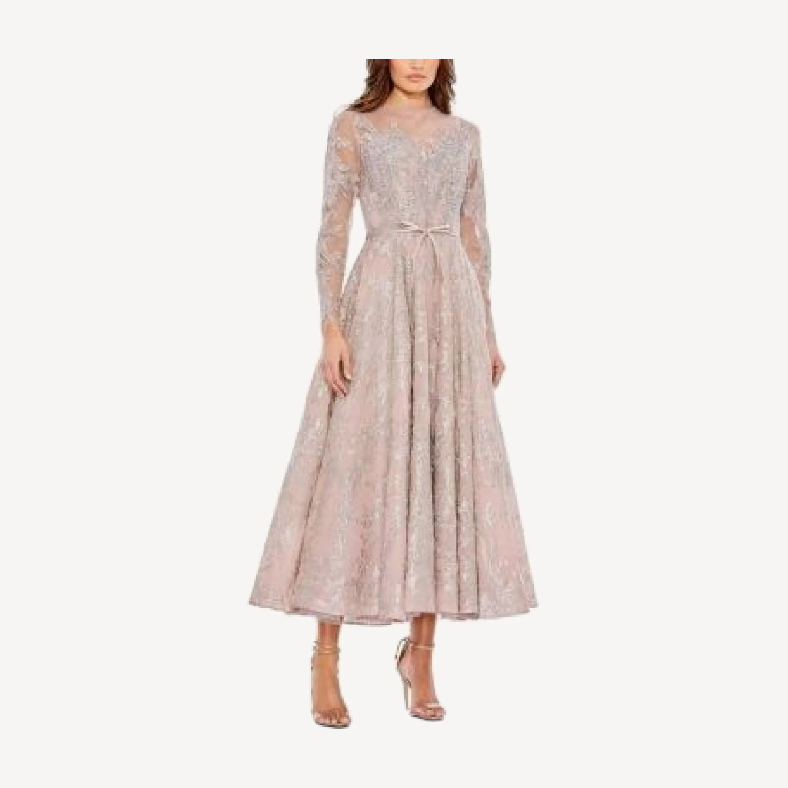 Mac Duggal Embellished Bow Belt Illusion Long Sleeve A Line Dress