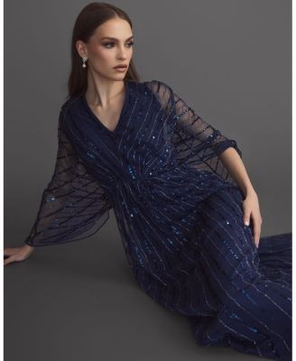Mac Duggal Beaded Striping Kimono Sleeve V Neck Gown