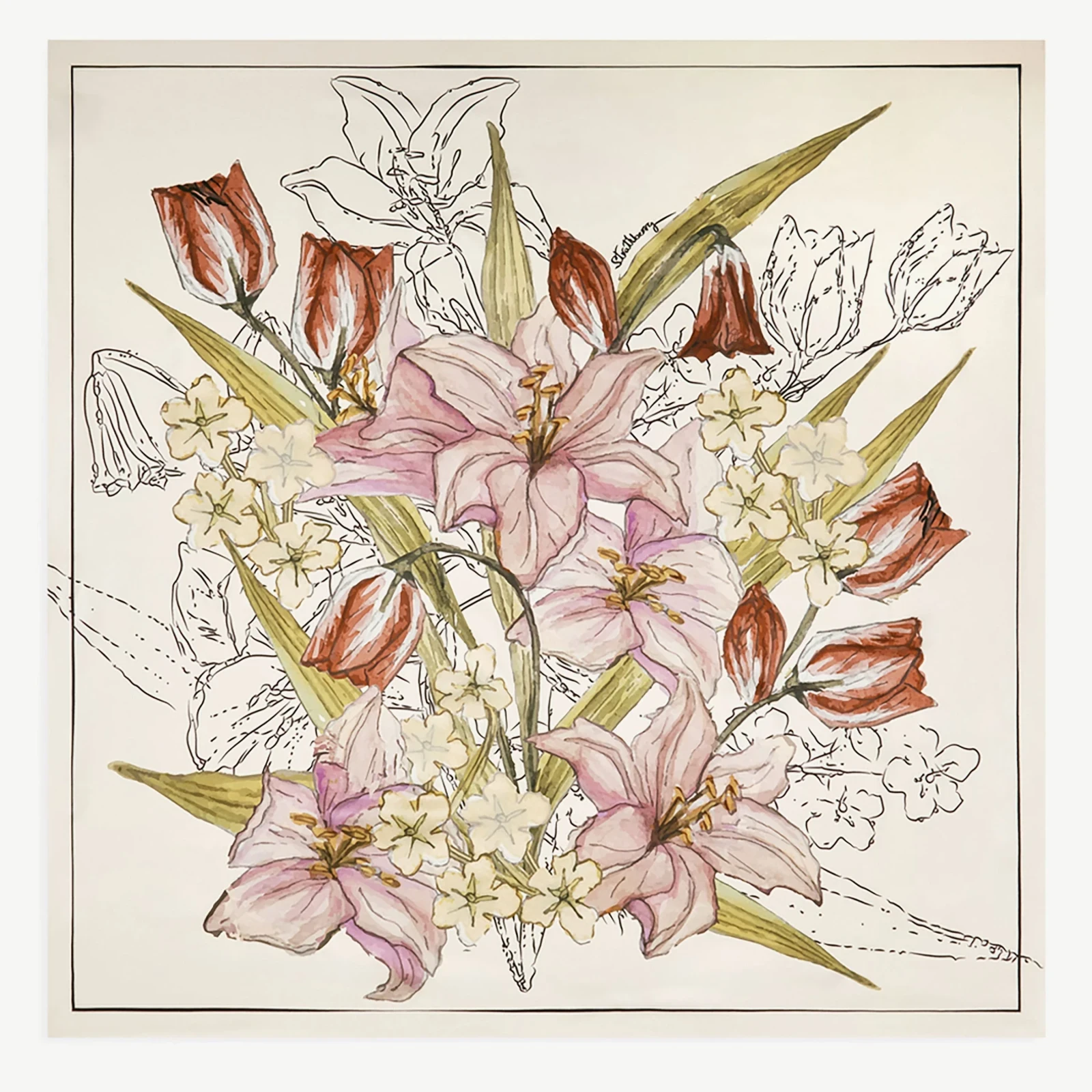 Silk Square Scarf - Pink/Burgundy Floral