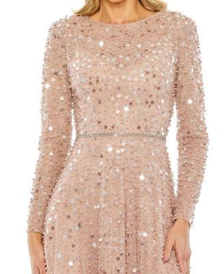 Mac Duggal Feather Detail Embellished Sequin Gown
