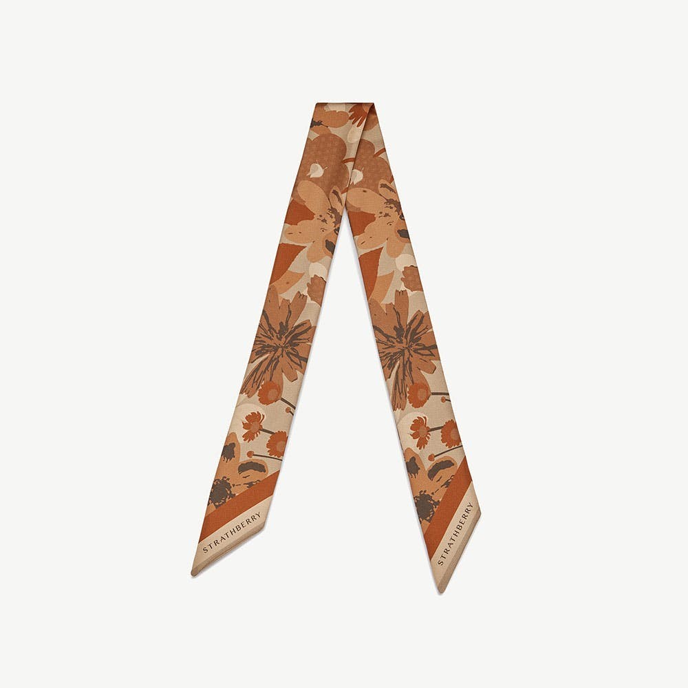 Silk Skinny Scarf - Caramel/Tan Block Floral