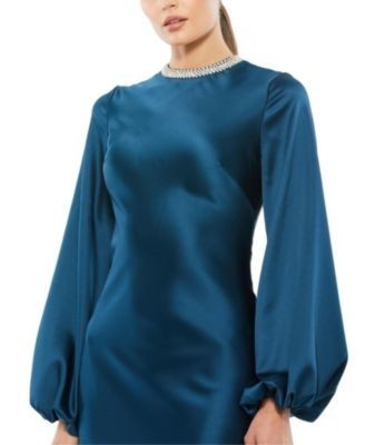 Mac Duggal Satin Long Blouson Sleeve Evening Gown