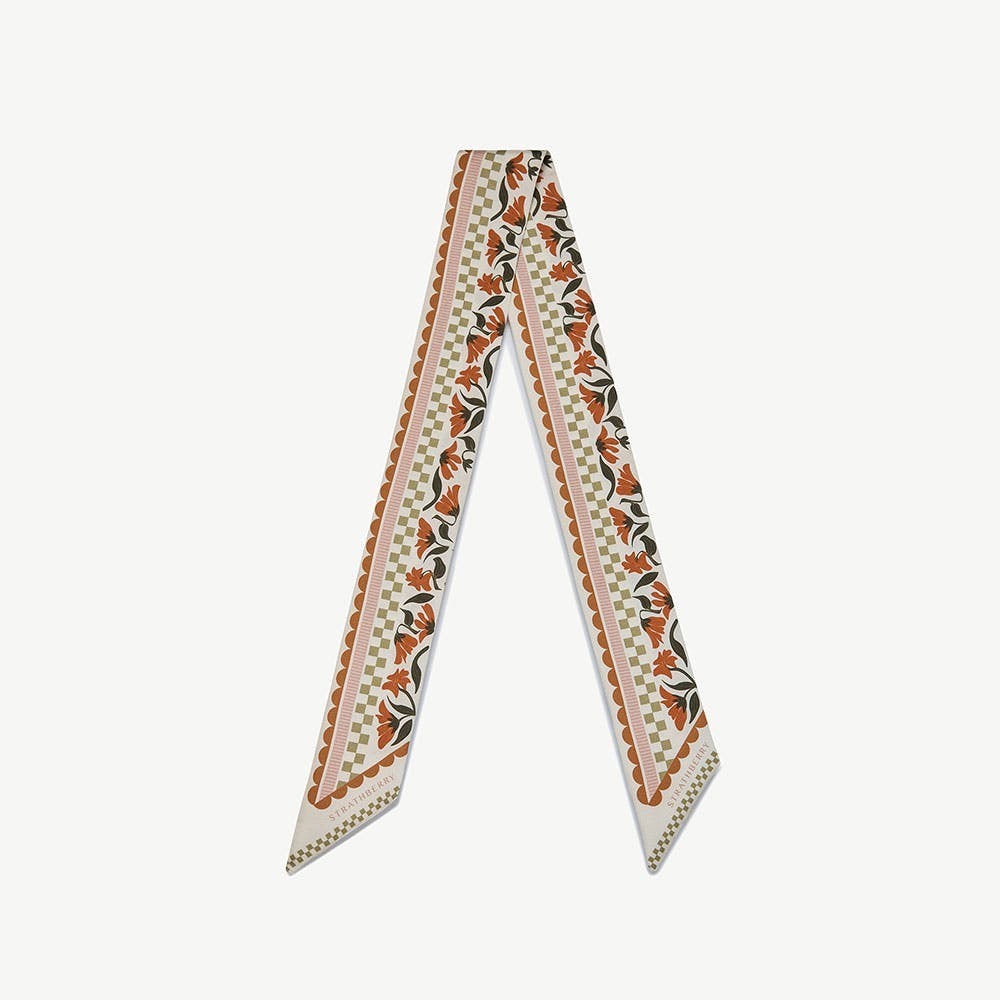 Silk Skinny Scarf - Vanilla/Red Gingham Stripe