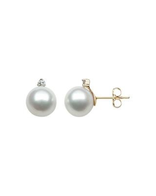 Bloomingdale's Fine Collection Diamond & White South Sea Cultured Pearl Stud Earrings in 14K Yellow Gold