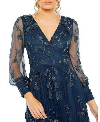 Mac Duggal Mesh Long Sleeve V-Neck Tiered A Line Gown