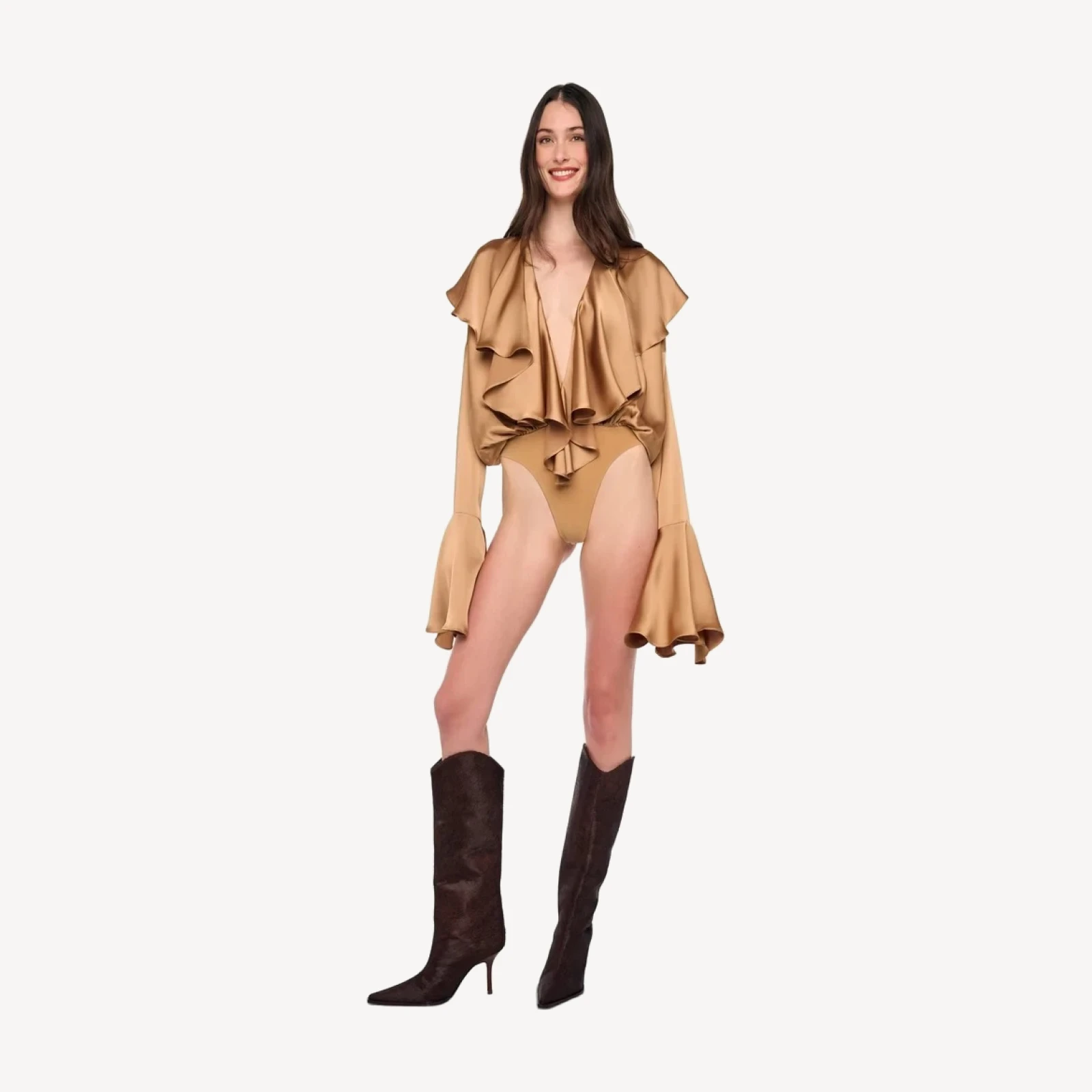 LONG SLEEVE DEEP V RUFFLE BODYSUIT