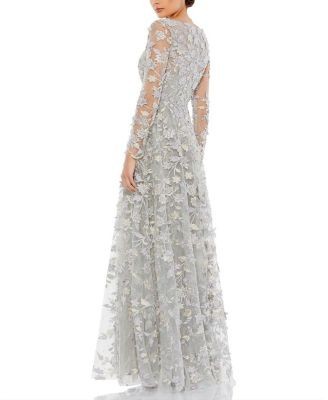 Mac Duggal Floral Applique Long Sleeve Illusion Gown