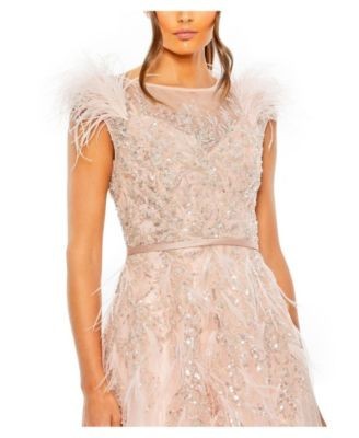 Mac Duggal High Neckline Feather Detail Beaded Gown