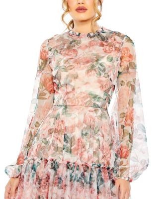 Mac Duggal Long Sleeve High Neck Long Balloon Sleeve Midi Dress