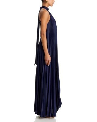 Aqua High Neck Pleated Satin Dress - Exclusive