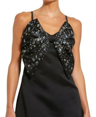 Mac Duggal Black Sleeveless Satin A-Line Beaded Bow Mini Dress