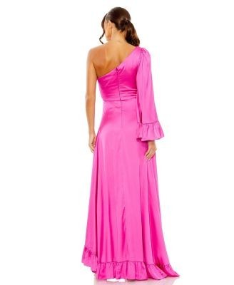 Mac Duggal Long One Sleeve Asymmetrical Ruffle Hem Gown