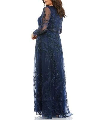 Mac Duggal Plus Size Embellished Illusion Long Sleeve V-Neck A-Line Gown