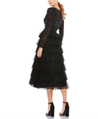 Mac Duggal Sequined Layered Tulle A Line Cocktail Dress