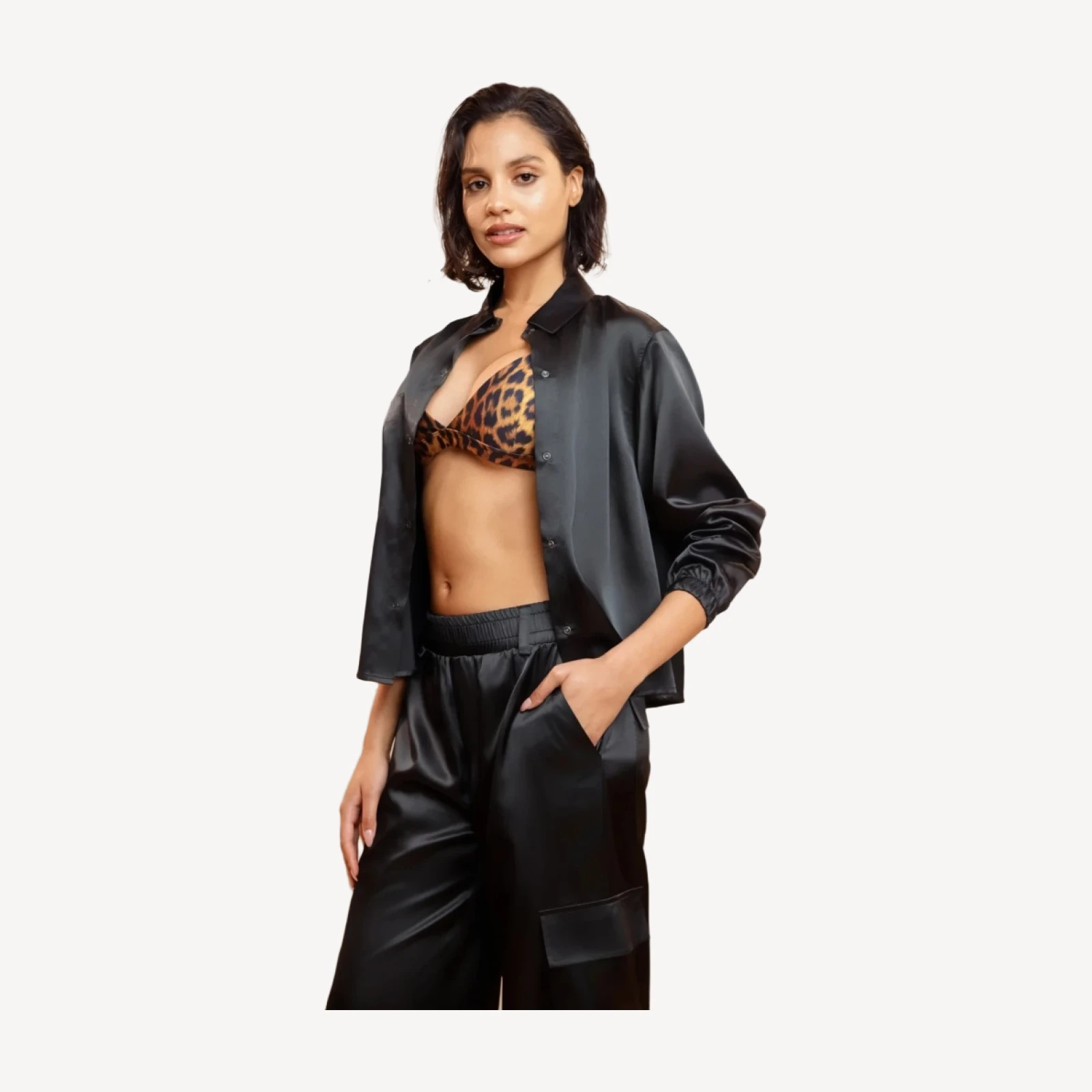SATIN CARGO PANTS [BLACK ]