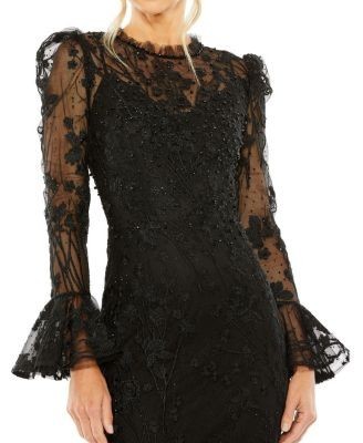 Mac Duggal Ruffle Wrist Embellished High Neck Midi Dress