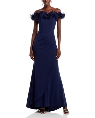 Aqua Ruffled Neck Evening Gown - Exclusive