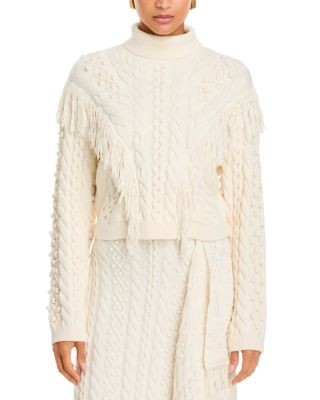 Simkhai Callista Cotton Blend Fringed Cable Knit Sweater
