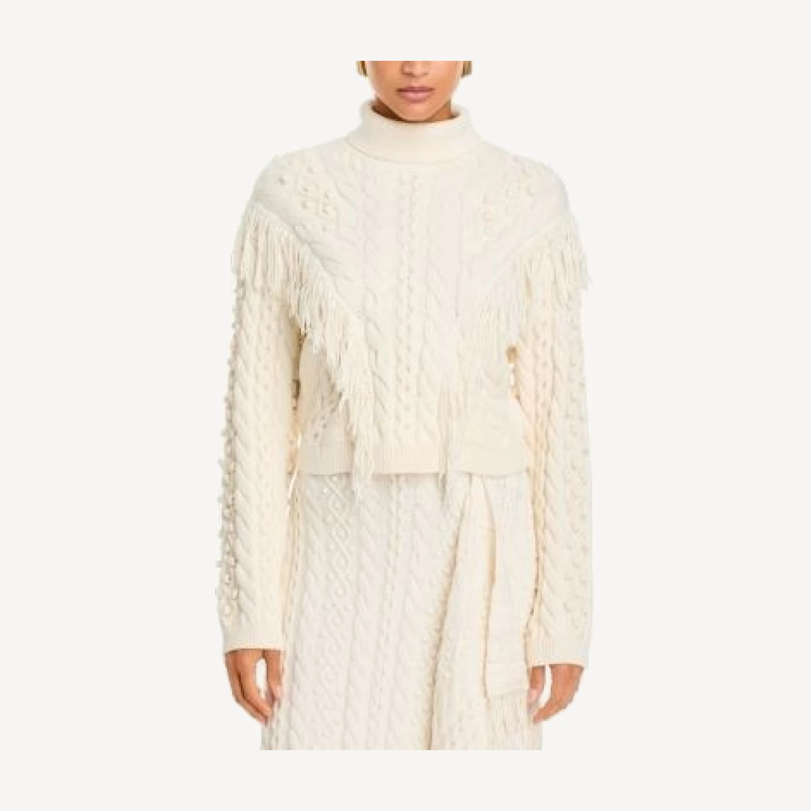 Simkhai Callista Cotton Blend Fringed Cable Knit Sweater