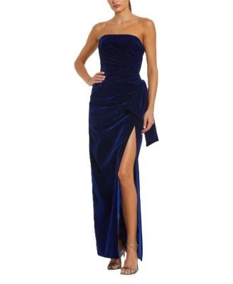 Mac Duggal Strapless High Slit Draped Velvet Gown