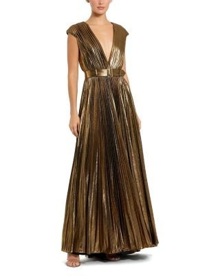 Mac Duggal Pleated Metallic Jersey Gown With Belt