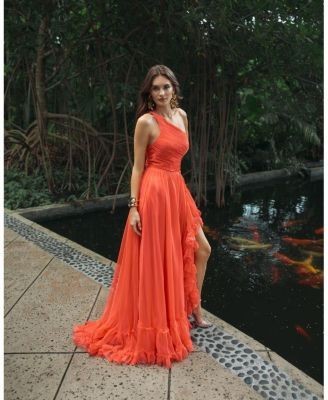 Mac Duggal One Shoulder Asymmetrical Ruffle Gown