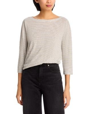 Eileen Fisher Striped Linen Jersey Three Quarter Sleeve Tee