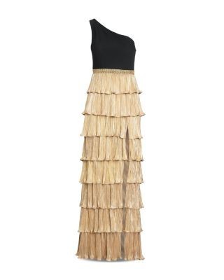 Mac Duggal Asymmetric Metallic Tiered Gown