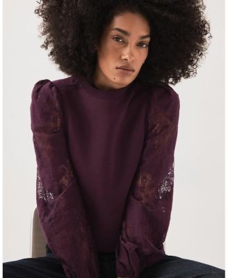 Mint Velvet Women's Cotton Blend Lace Sleeve Sweatshirt, photo 3